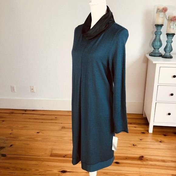 Whyci Milano Teal Lana Wool Knit Sweater Dress EU 44 US L Cowl NEW - Picture 6 of 12